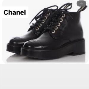 Authentic CHANEL women’s pebbled calfskin pearl lace up short combat boots